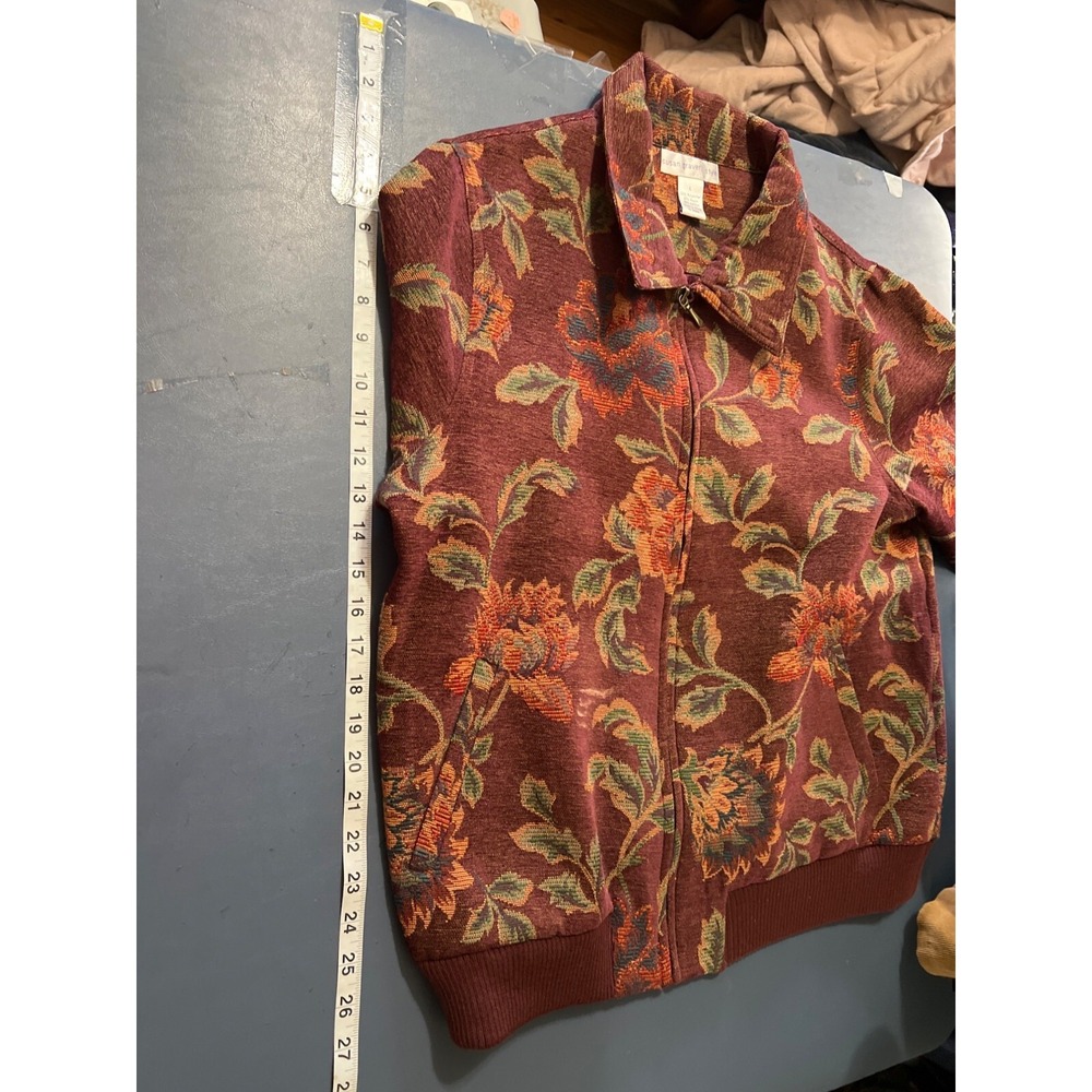 Susan Graver Style‎ Floral Jacket Large Zip Front Burgundy Ribbed Hem & Cuffs - Picture 5 of 10